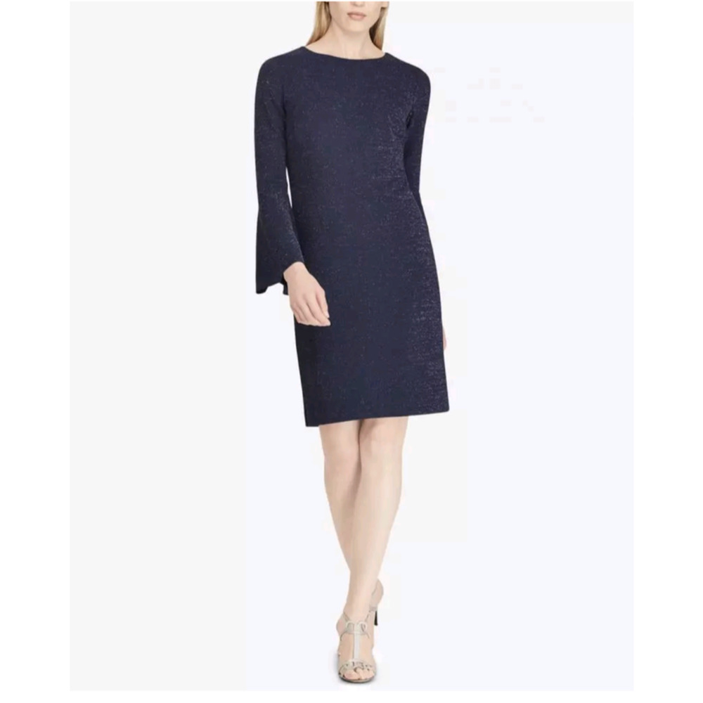 Lauren Ralph Lauren Dress Womens 0 Navy Blue Metallic Bell Sleeve Sheath Sparkle